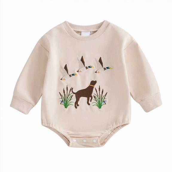 mgoYE Baby Boy Hunting Outfit Duck Embroidery Baby Romper Long Sleeve Crew Neck Bodysuit Newborn Infant Spring Fall Clothes(Beige,12-18 Months)