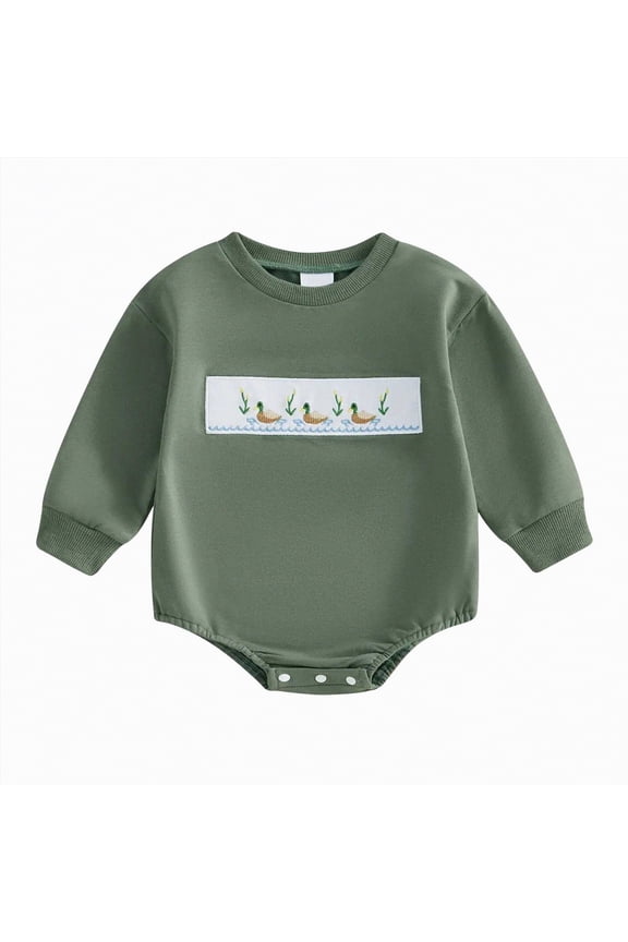 Baby Boy Hunting Outfit Duck Embroidery Baby Romper Long Sleeve Crew Neck Bodysuit Newborn Infant Spring Fall Clothes(Green,0-3 Months)