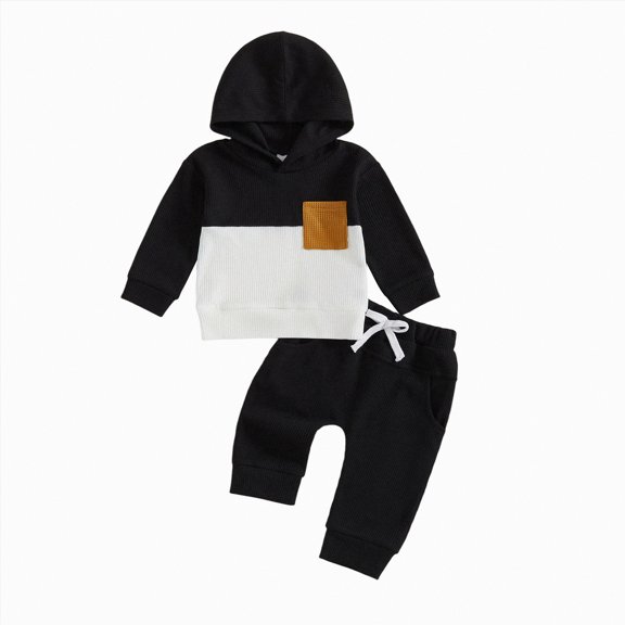 mgoYE Baby Boy Pjs 0-3 Months Baby Boy Fall Winter Clothes Outfits Hooded Long Sweatshirt Pants Set Toddler Clothes 6 12 18 24 Months 2T(Black,6-12 Months)