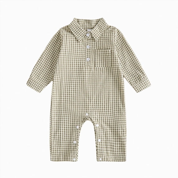 mgoYE Baby Boy Polo Romper Gingham Button Up Long Sleeve Collared Jumpsuit One Piece Fall Outfit