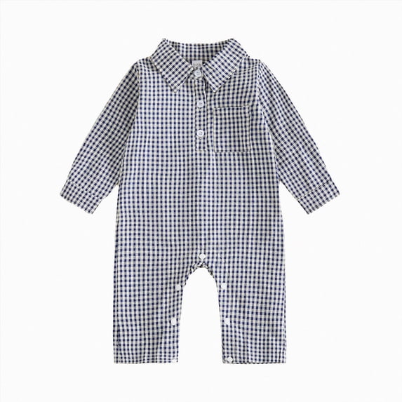 mgoYE Baby Boy Polo Romper Gingham Button Up Long Sleeve Collared Jumpsuit One Piece Fall Outfit