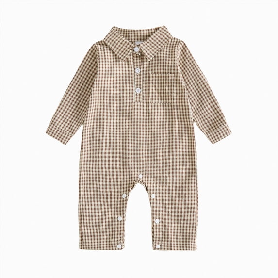 mgoYE Baby Boy Polo Romper Gingham Button Up Long Sleeve Collared Jumpsuit One Piece Fall Outfit