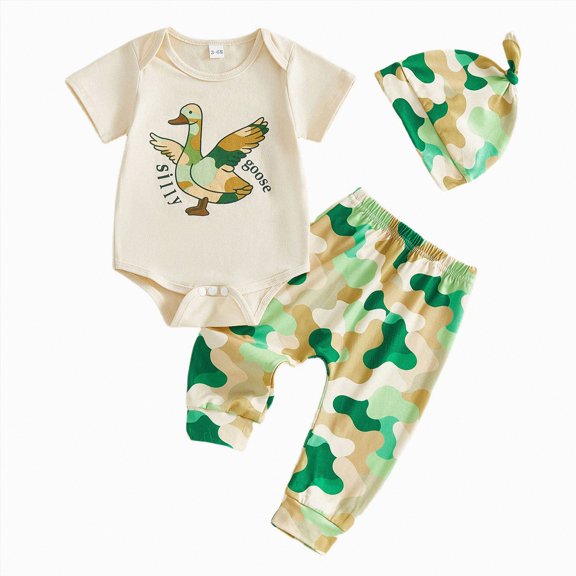 mgoYE Baby Boy Summer Clothes Daddy’s & Mommy’s Hunting Buddy Short Sleeve Romper Camouflage Pants Hat Set(Beige,12-18 Months)