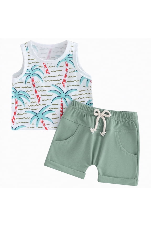 Baby Boy Summer Clothes Tropical Palm Tree Print Sleeveless Tank Top Shorts Set Infant Toddler Hawaiian Beach Outfits with Pockets(Green,18-24 Months)