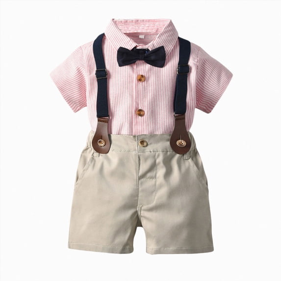 mgoYE Baby Boy Summer Outfits Gentleman Outfit Short Sleeve Bowtie Button Romper+Suspender Overalls Shorts Set Wedding Set Formal(Red,3 Years)