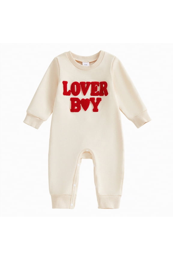 Baby Boy Valentines Outfit Newborn Long Sleeve Onesie Letter Print One Piece Jumpsuit Romper Cute Spring Clothes(Beige,0-3 Months)