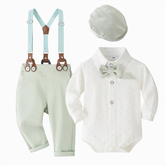 mgoYE Baby Boy Wedding Outfits 12-18 Months Infant Baby Boy Clothes Suit Dress Shirts/Suspender Pants/Bowtie/Beret Hat 0-18M Light Green
