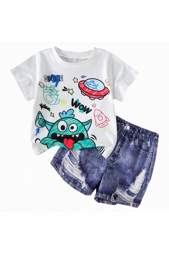 Baby Boy's Two Piece Summer Outfits Short Sleeve T-shirt and Ripped Denim Short Stretch Sets(White,2-3 Years)