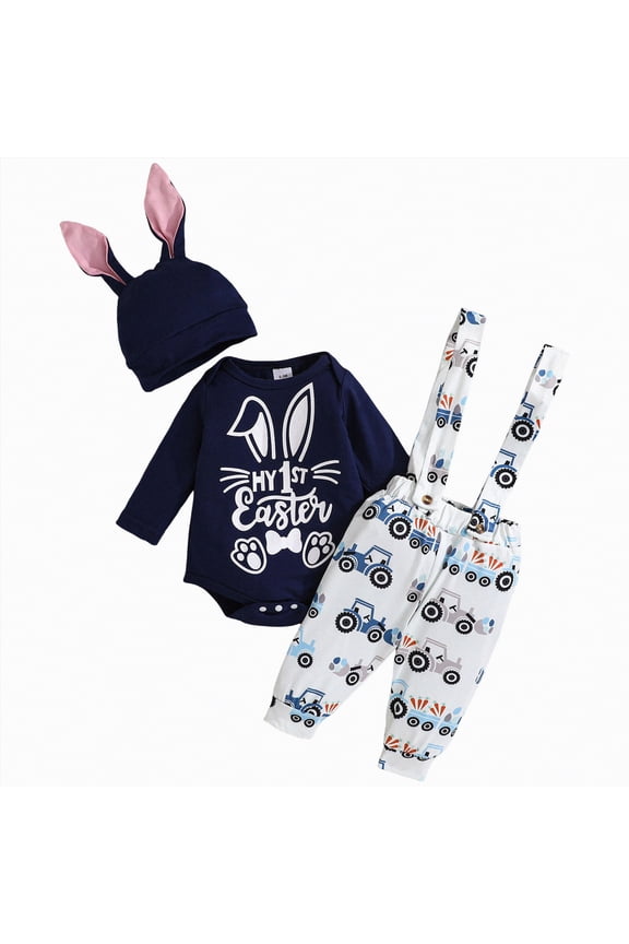 Baby Boys Clothes My First Easter Baby Boy Outfit Infant Clothes Bunny Letter Print Shirt+Overalls Pants+Hats Spring Outfit Set(Blue,3-6 Months)