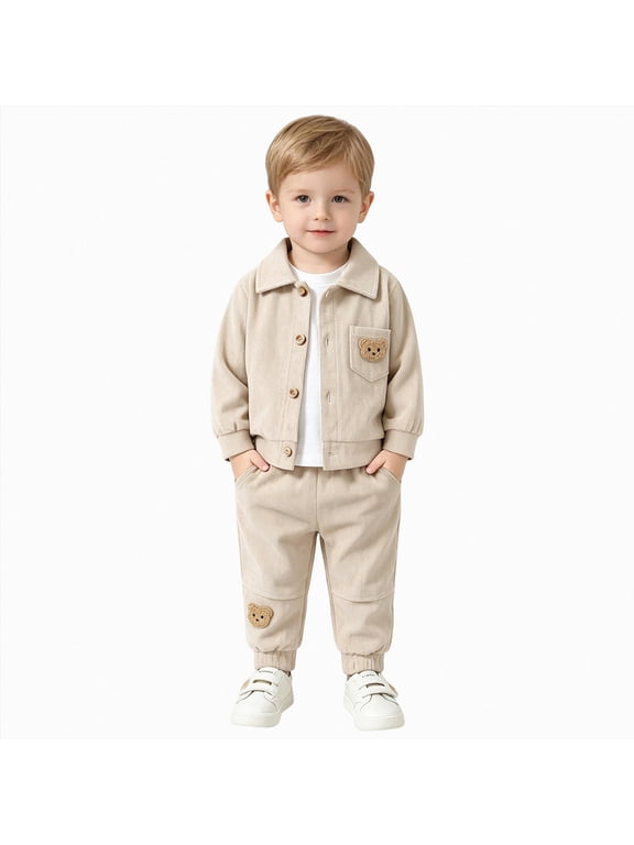 Baby Boys Corduroy Fashion Clothes Sets Bear Pattern Long Sleeved Jacket+Long Pants Casual 2pcs Clothing Suit(Beige,18-24 Months)