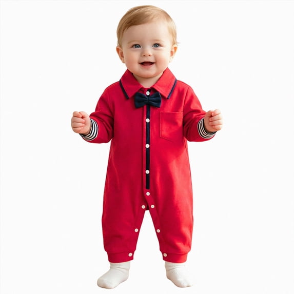 mgoYE Baby Boys Gentleman Romper One-Piece Outfit Cotton Tuxedo Style with Snap Closure(Watermelon Red,7-10 Months)
