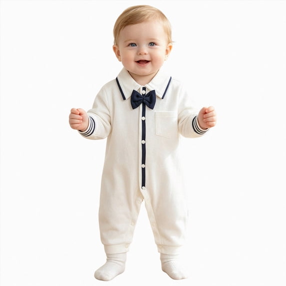 mgoYE Baby Boys Gentleman Romper One-Piece Outfit Cotton Tuxedo Style with Snap Closure(White,5-8 Months)