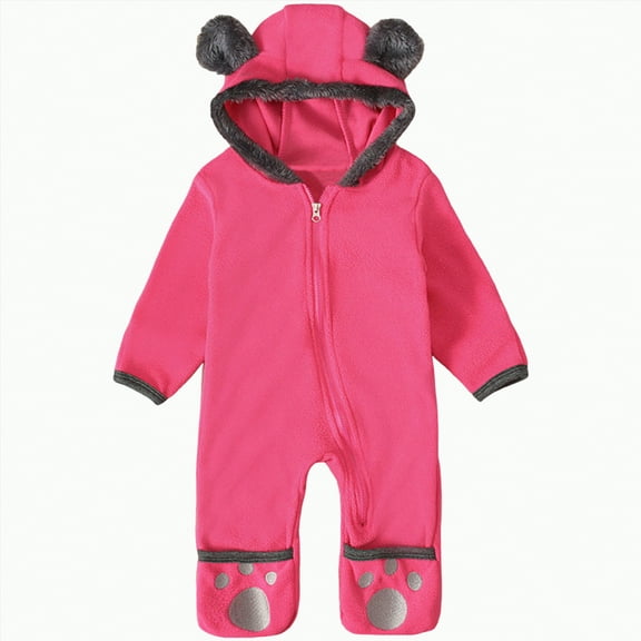 mgoYE Baby Footies Long Sleeve Hooded Cute Onesie with Bear-ear Lined Lovely Winter Warm Jumpsuit Romper(Hot Pink,0-3 Months)