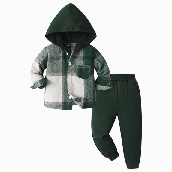 mgoYE Baby Gift Boy Clothes 1T 2T 3T 4T 5T 6T 7T Toddler Baby Boy Clothes Long Sleeve Hoodie Plaid Flannel Jacket Pants Set Fall Winter Outfits