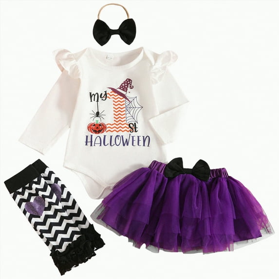 mgoYE Baby Girl 0-3 Months Outfits My 1st Halloween Baby Girl Outfits Letter Ghost Pumpkin Print Romper Suspender Skirts Headband Socks 4Pcs Set|Purple 6-12 Months