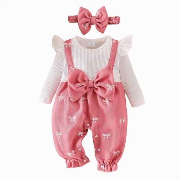 mgoYE Baby Girl 2 Piece Outfit Set, Long Sleeve Ruffle Romper with Bow + Headband, Suspender Jumpsuit for Newborn Infant 3-6 Months