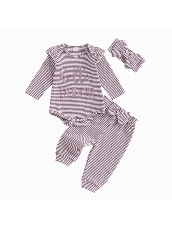 Baby Girl 3 Piece Outfit Set, Newborn "Hello I'm New Here" Bodysuit + Striped Pants + Headband, Long Sleeve Ruffle Coming Home Clothes Newborn