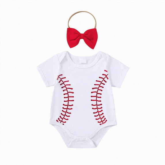 mgoYE Baby Girl Baseball Romper Outfit 18-24 Months Embroidered Game Day Bubble Romper with Headband White