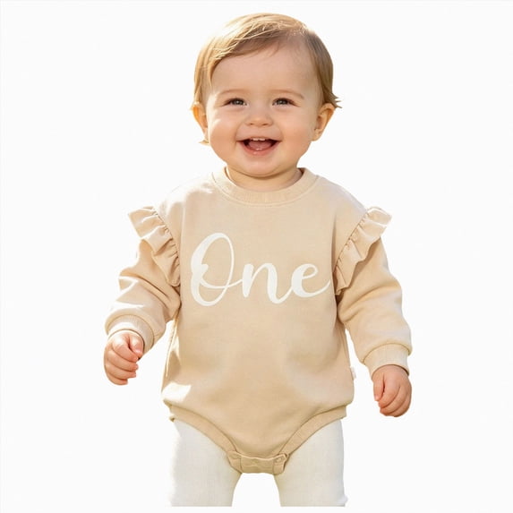 mgoYE Baby Girl Boy Birthday Outfits One Romper Embroidery Sweatshirt Cake Smash Outfits(Beige,12-18 Months)