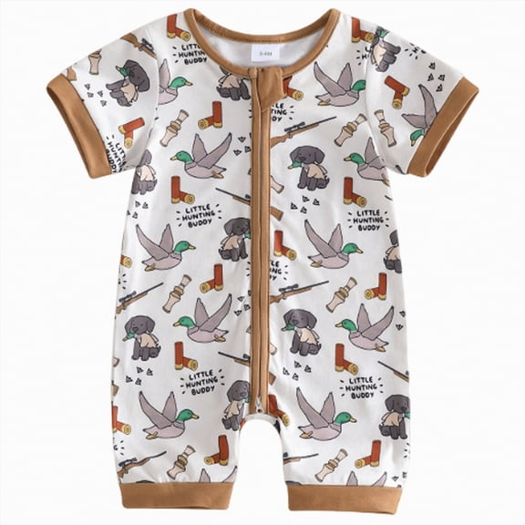 mgoYE Baby Girl Boy Hunting Clothes Mallard Duck Deer Romper Zipper Jumpsuit Retro Bodysuit Newborn Going Home Outfit Summer( Brown,12-18 Months)