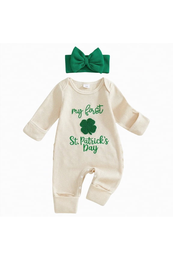 Baby Girl Boy Outfit Cute Jumpsuit My First St Patricks Day Irish Romper Newborn Fall Winter Spring Clothes(Beige,0-3 Months)