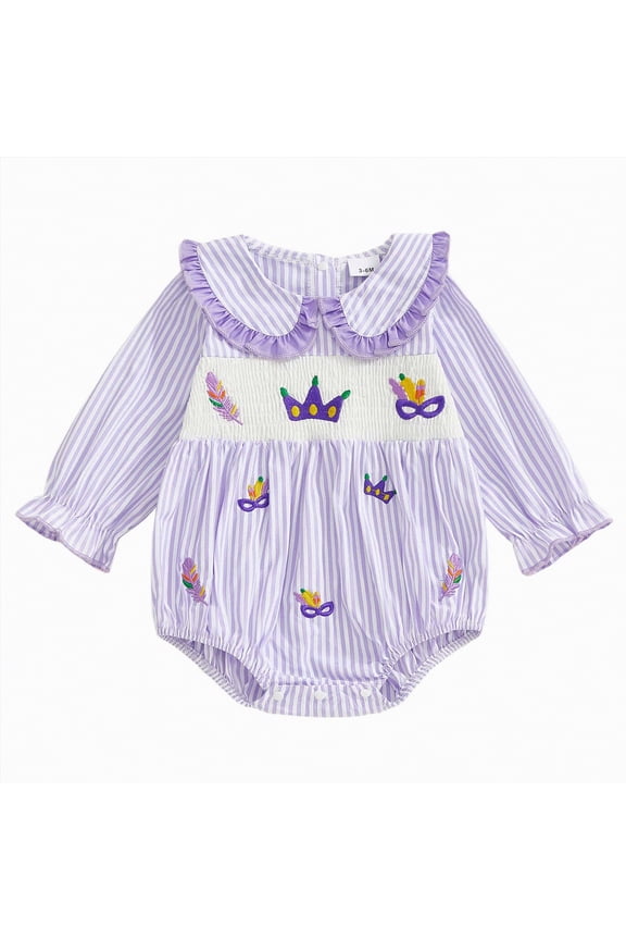 Baby Girl Carnival Outfit King Cake Smocked Bubble Romper Plaid Bodysuit Spring Clothes(Purple,3-6 Months)