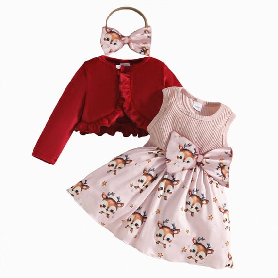 mgoYE Baby Girl Christmas Clothes Kid Toddler Girl Fall Dress+Cardigan 2 Piece Floral Sleeveless Dress and Cardigan Set(Pink,12-18 Months)