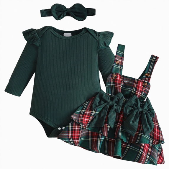 mgoYE Baby Girl Christmas Clothes Plaid Outfits Long Sleeve Romper Overall Skirt Dress Cute Newborn Outfit