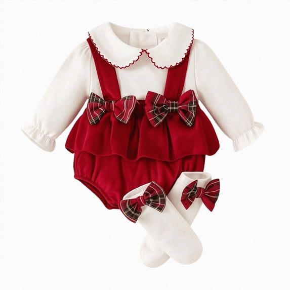 mgoYE Baby Girl Christmas Outfit Bow Bubble Romper Onesie Long Sleeve Ruffle Smocked Bodysuit Infant Fall Winter Clothes