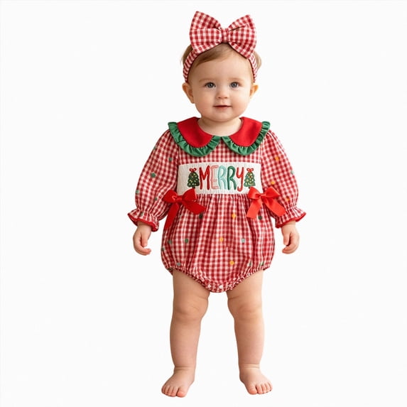 mgoYE Baby Girl Christmas Outfit Peter Pan Collar Plaid Romper Newborn Outfits Infant Clothes with Headband
