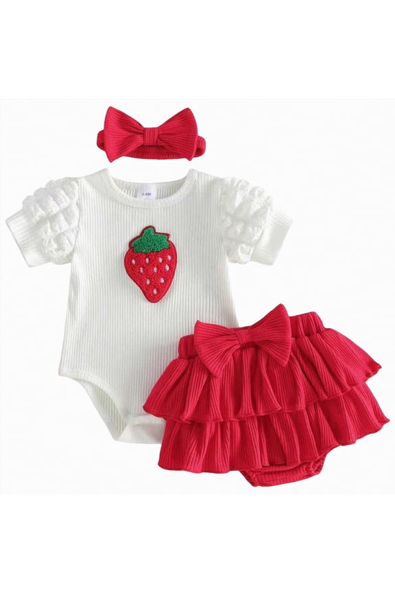 Baby Girl Clothes 0-3 Months Baby Girl Clothes Strawberry Short Sleeve Ribbed Knit Romper Tops + Tutu Skirt Shorts + Cute Headband 3pcs Set(Red,3-6 Months)