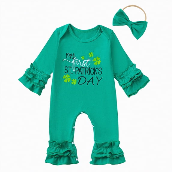 mgoYE Baby Girl Clothes 0-3 Months Baby Girl St Patricks Day Outfit Clover Lucky Charm Long Sleeve Ruffle Romper Cute Clothes Newborn Bodysuit(Green,0-3 Months)