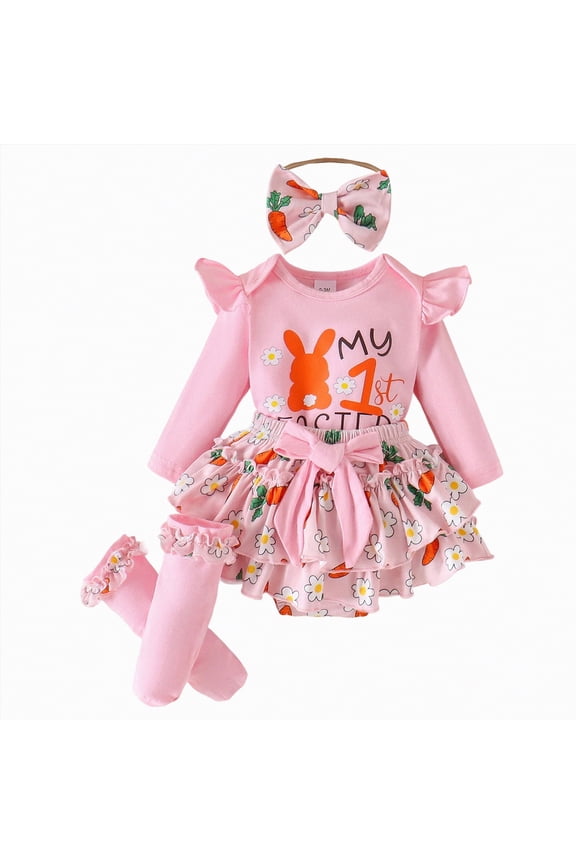 Baby Girl Clothes 0-3 Months My First Easter Baby Girl Outfit Easter Print Romper + Plaid Skirts + Leg Warmers+Headband 4Pcs Summer Clothes(Pink,0-3 Months)
