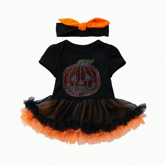 mgoYE Baby Girl Clothes 0-3 Months My 1st Halloween Pumpkin Long Sleeve Tutu Dress Romper Headband|Black 0-3 Months