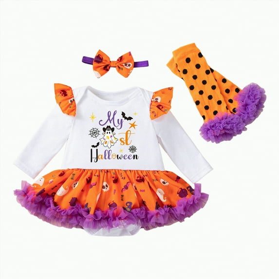 mgoYE Baby Girl Clothes 0-3 Months My 1st Halloween Pumpkin Long Sleeve Tutu Dress Romper + Headband(Purple,6-9 Months)
