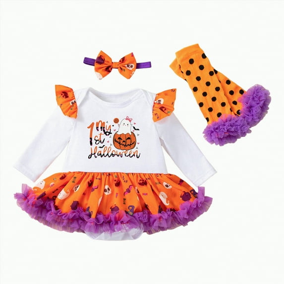 mgoYE Baby Girl Clothes 0-3 Months My 1st Halloween Pumpkin Long Sleeve Tutu Dress Romper + Headband(White,6-9 Months)