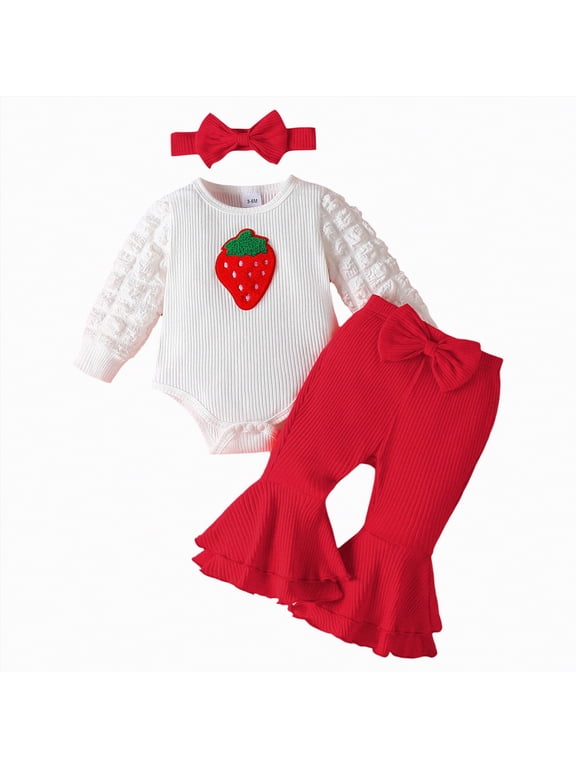 Baby Girl Clothes 0-3 Months Preemie Baby Girl Clothes Romper Fall Winter Outfits Gifts for Girls Cute Bell Bottoms Pant Sets(Red,3-6 Months)