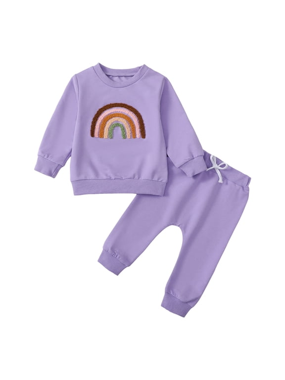 Baby Girl Clothes 12 18 Months 3 6 9 12 18 24 Months Fall Outfits Solid Long Sleeve Sweatshirt Tops + Pants Set|Purple 12-18 Months