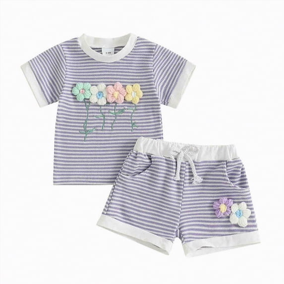 mgoYE Baby Girl Clothes 18 Months Toddler Baby Girl Outfits Floral Summer Clothes Infant Spring Waffle Short Sleeve Shirt Tops Cute Shorts Set(Purple,4-5 Years)