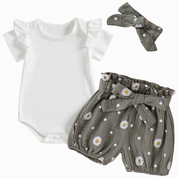 mgoYE Baby Girl Clothes 3-6 Months Newborn Infant Girl Clothes Rib Knit Romper Daisy Print Shorts Headband Baby Summer Clothes 0 3 6 12 18 24 Months(Black,12-18 Months)