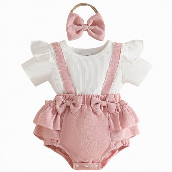 mgoYE Baby Girl Clothes 3-6 Months Preemie Newborn Baby Girl Clothes Infant Cotton Linen Romper Ruffle Sleeve Jumpsuit Spring Summer Outfits for Girls with Bow Headband Set(Pink,3-6 Months)