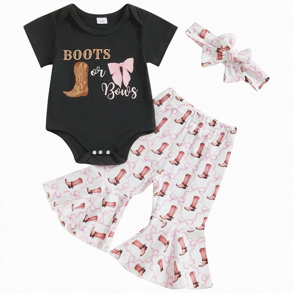 mgoYE Baby Girl Clothes 3-6 Months Western Baby Girl Clothes Summer Cowgirl Outfit Short Sleeve Romper Bow Boots Cow Print Flared Bell Bottom Pants Set(Black,6-12 Months)
