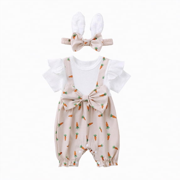 mgoYE Baby Girl Clothes 3Months Baby Girl Easter Outfit Ruffles Sleeve Bunny Carrot Printed Romper Dress with Headband Summer Clothes(Beige,3-6 Months)