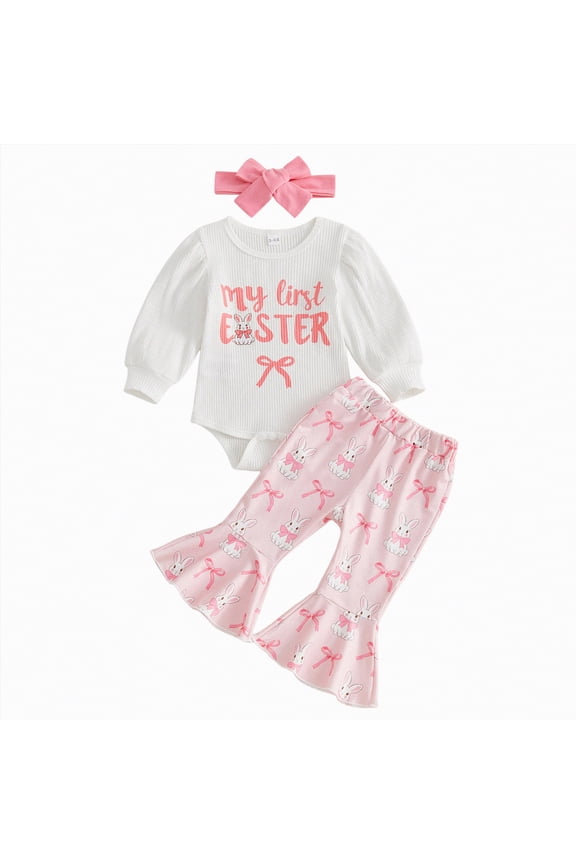 Baby Girl Clothes 6-9 Months My First Easter Baby Girl Outfit Easter Bunny Shirt Onesie Romper Bell Bottoms Pants Newborn Easter Clothes(White,3-6 Months)