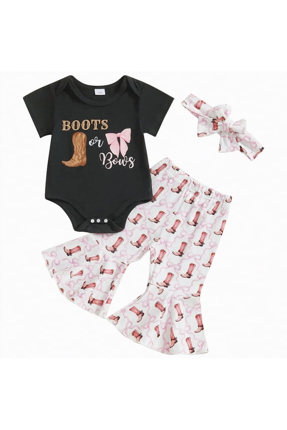 Baby Girl Clothes 6-9 Months Western Baby Girl Clothes Summer Cowgirl Outfit Short Sleeve Romper Bow Boots Cow Print Flared Bell Bottom Pants Set(Black,12-18 Months)