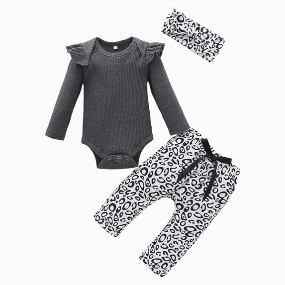 mgoYE Baby Girl Clothes Fall Winter Newborn Baby Girl Fall Winter Clothes 3-Piece Outfits Set Long Sleeve Round Neck Bodysuit Romper Ribbed Pants Headband Set