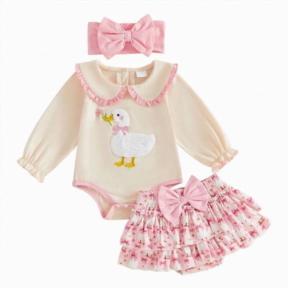 mgoYE Baby Girl Clothes Goose Birthday Romper Shorts Fall 3pcs Set Goose Embroidery Bodysuit + Bow Tutu Skirt + Cute Headband Spring Fall Clothes(Beige,3-6 Months)