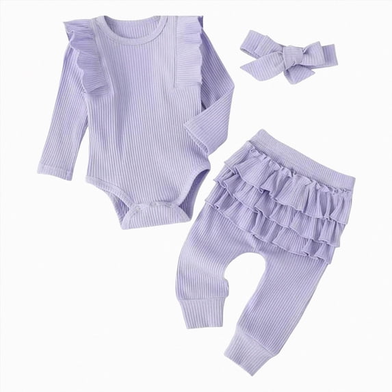 mgoYE Baby Girl Clothes Newborn Infant Fall Winter Outifts Ribbed Ruffle Long Sleeve Romper Pant Outfit Set 0-24Months Girls Set(Light Purple,6-12 Months)