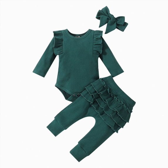 mgoYE Baby Girl Clothes Newborn Infant Fall Winter Outifts Ribbed Ruffle Long Sleeve Romper Pant Outfit Set 0-24Months Toddler Outfits for Girls(Green,18-24 Months)