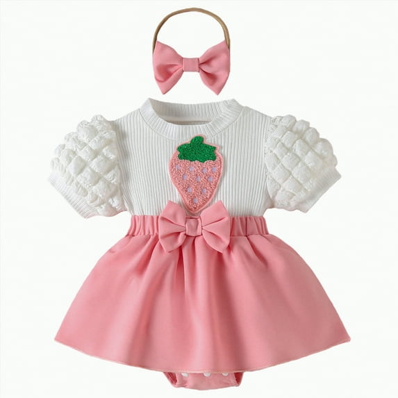 mgoYE Baby Girl Clothes Newborn Romper Dress Strawberry Bow Clothes Infant Summer Outfits with Headband(Pink,6-9 Months)